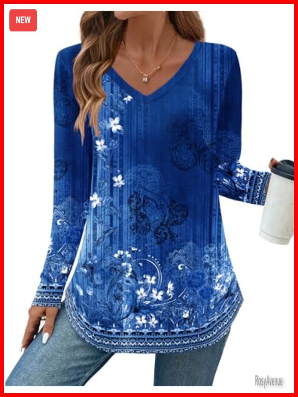 Women's Loose Fit V-Neck Long Sleeve Tunic Top with Side Split & Curved Hem